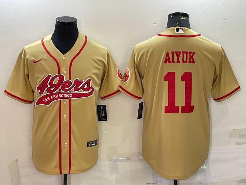 Men%27s San Francisco 49ers #11 Brandon Aiyuk Gold With Patch Cool Base Stitched Baseball Jersey